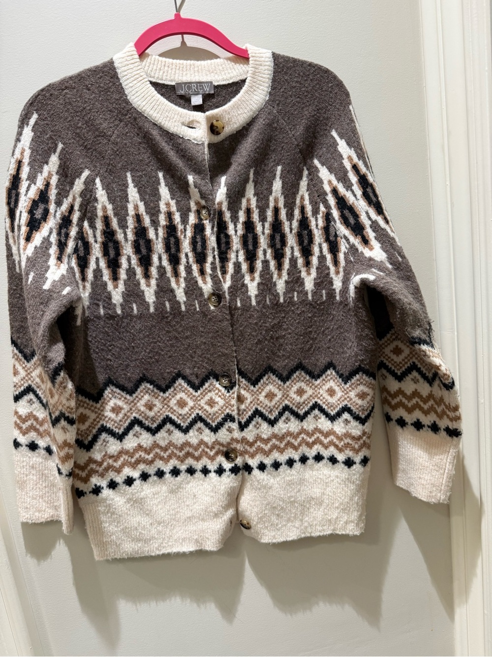 J. Crew Brown and Cream Fair Isle Button-Front Cardigan